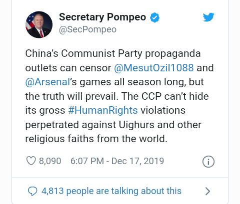 US Secretary of State backs Ozil's stance on China